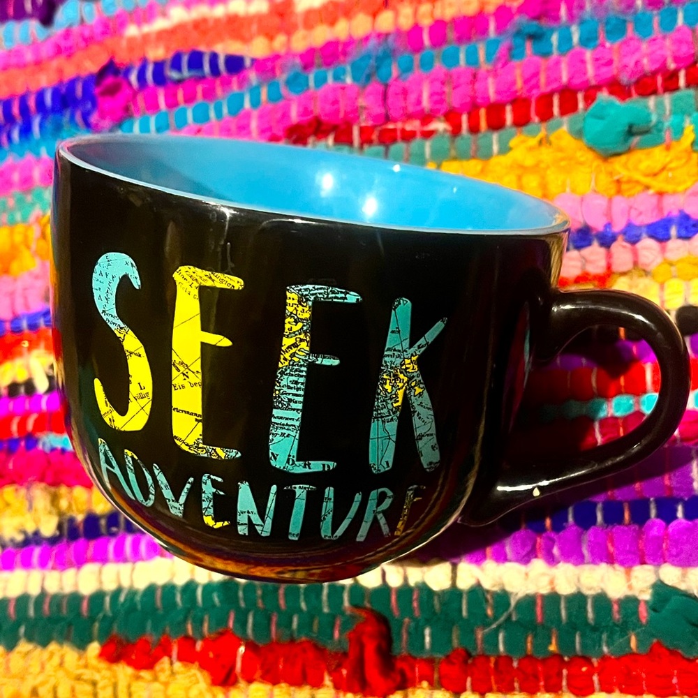 Seek Adventure Jumbo Wide Rim Ceramic Mug • Blue inside • roobee by Mara-mi